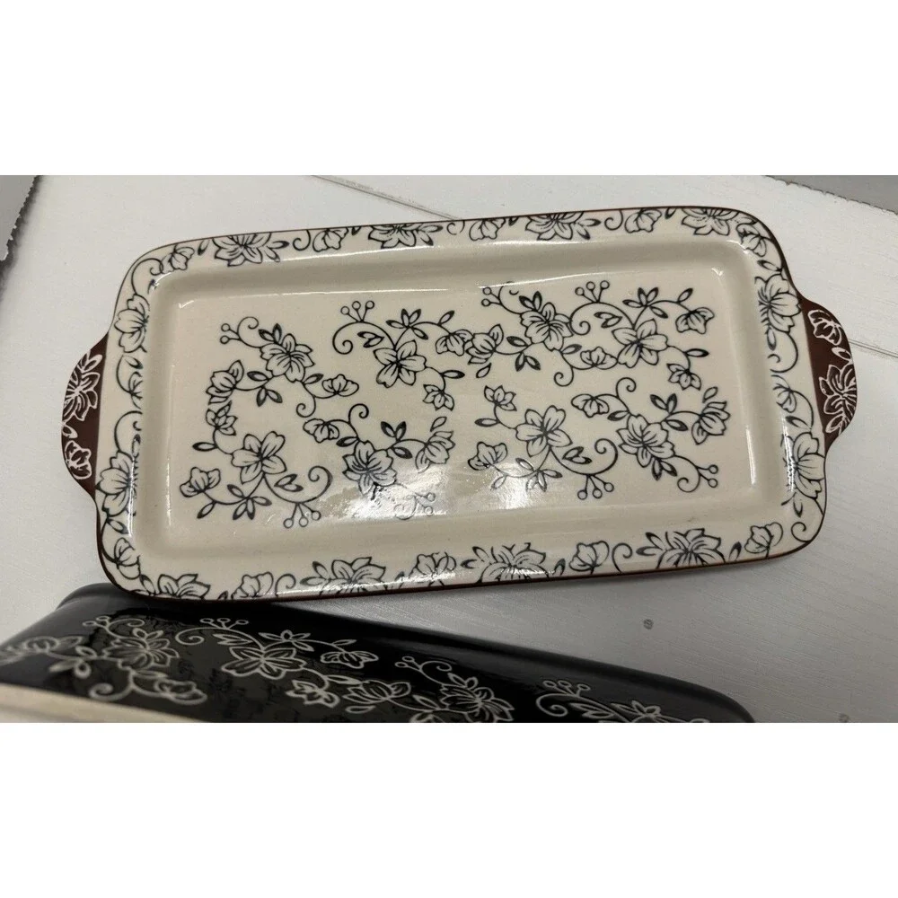 3 Pc TEMP-TATIONS Floral Lace 1 Quart Loaf Bakeware w/Lid & Hotplate